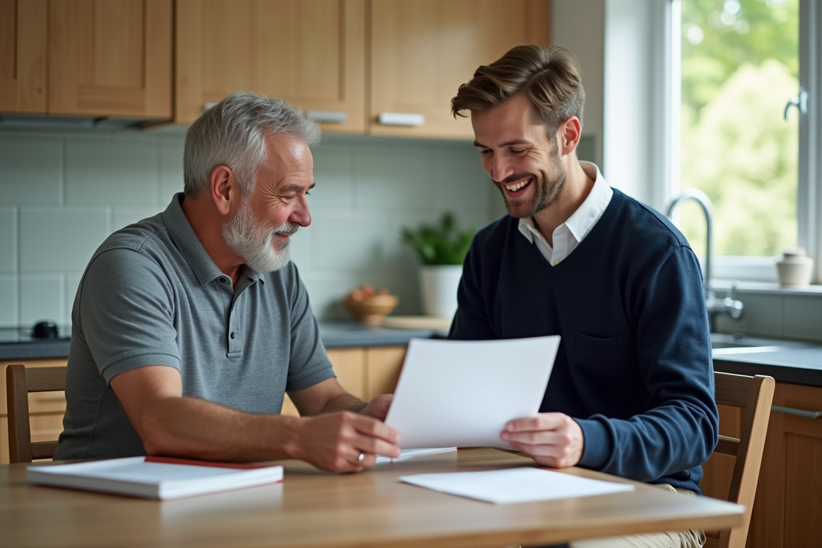 Aide à domicile aide un homme à organiser des documents