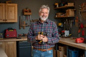 Homme souriant avec perceuse dans un atelier organisé