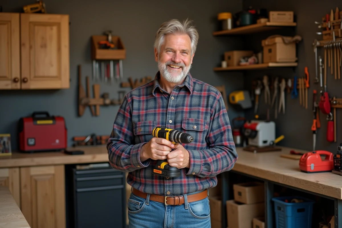 Homme souriant avec perceuse dans un atelier organisé
