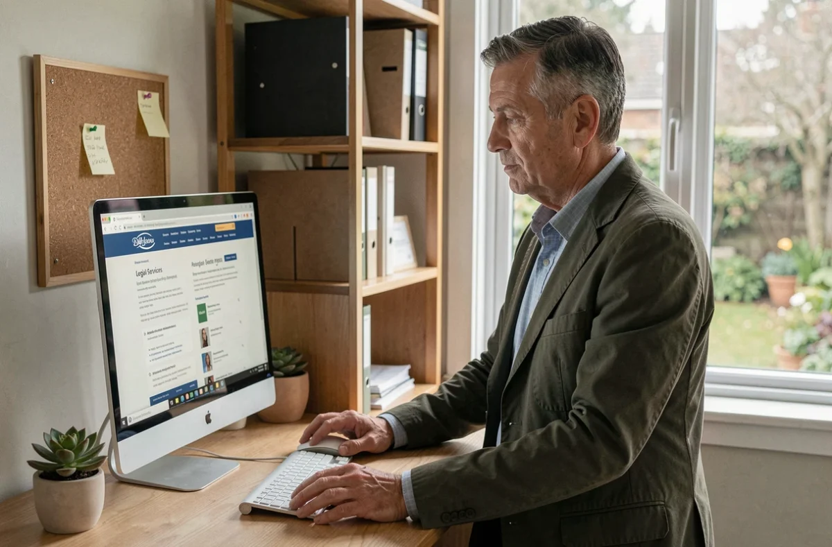 Homme d'une cinquantaine d'années consultant un site de protection juridique familiale sur son ordinateur de bureau dans un bureau à domicile