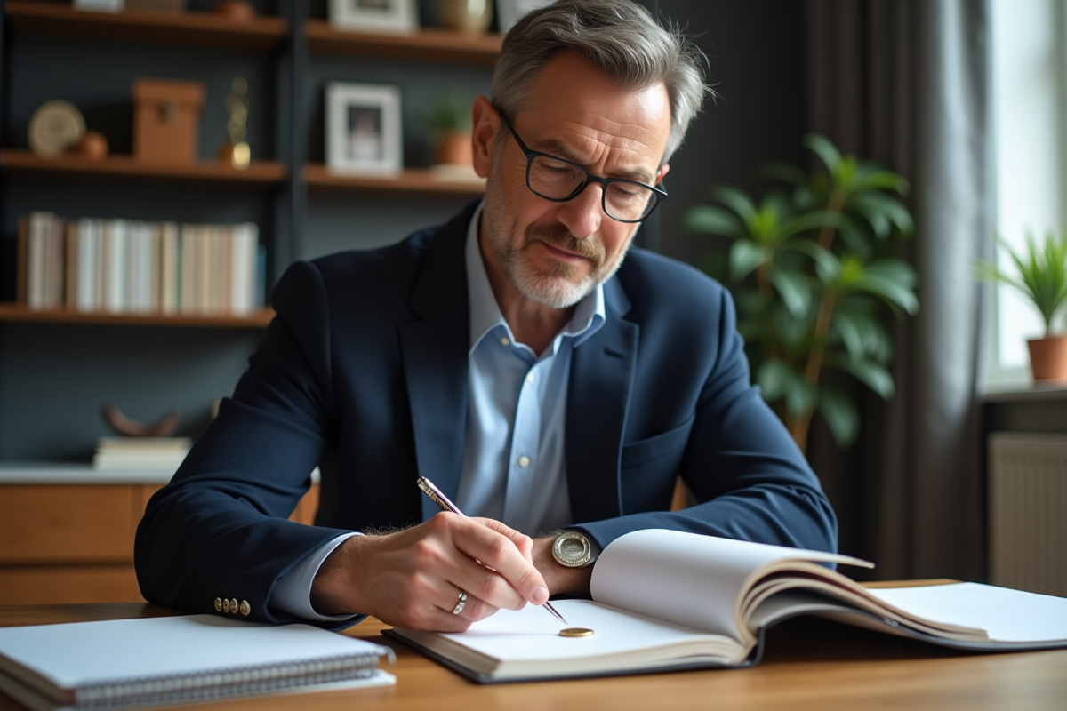 Homme d age regardant un carnet avec une piece porte-bonheur
