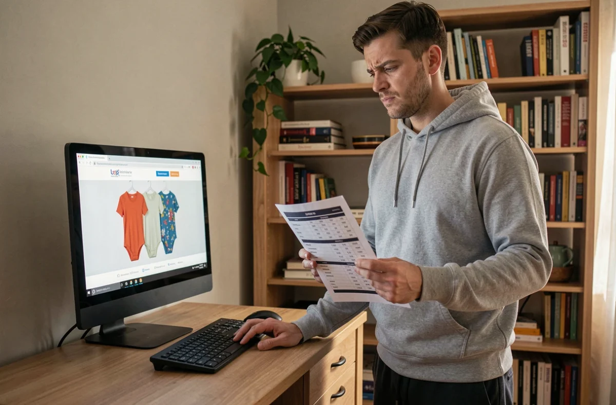 Homme adulte consultant un guide des tailles sur ordinateur pour choisir un babygro adulte, évitant les erreurs d'achat en ligne