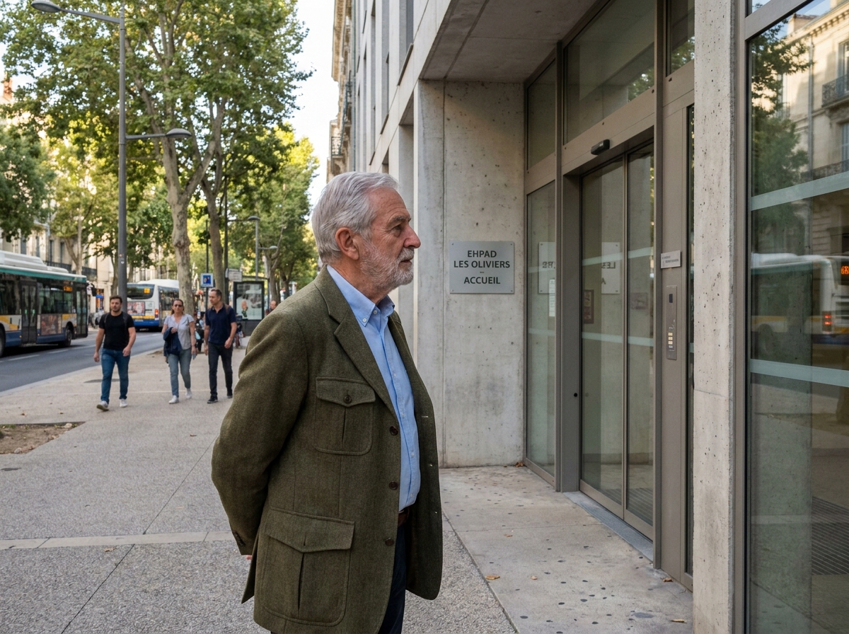 Homme âgé devant un bâtiment à Montpellier