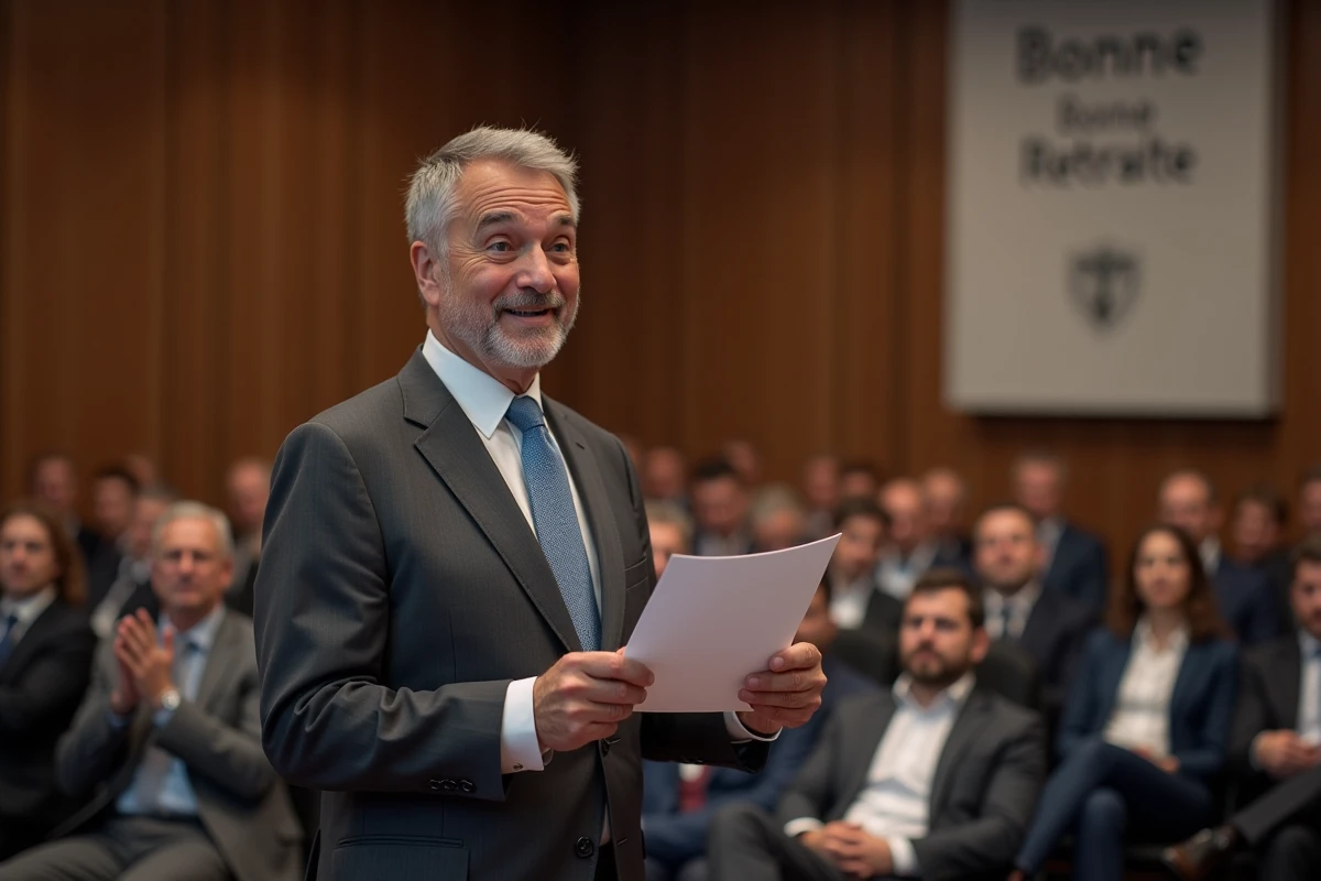 Homme prononçant son discours de départ à la retraite devant ses collègues lors d'une cérémonie d'adieu