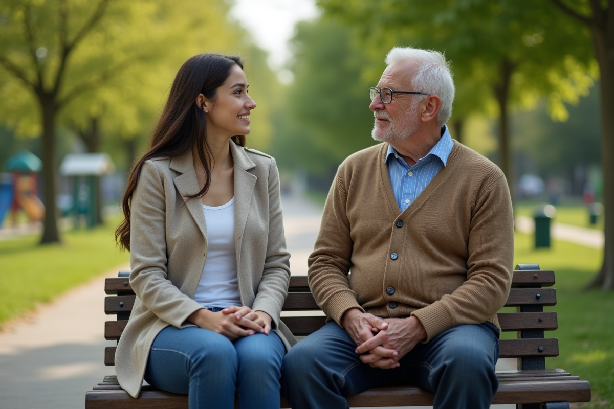 Homme âgé discutant avec une jeune femme sur un banc de parc