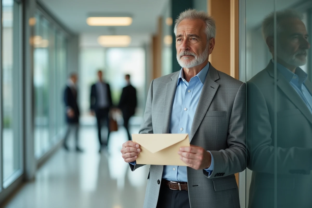 Homme en costume tenant une enveloppe de lettre de départ à la retraite dans un couloir d'entreprise