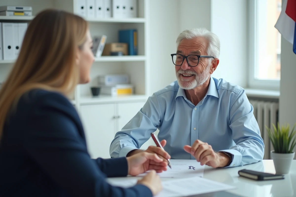 Homme âgé consulte un conseiller administratif dans un bureau moderne