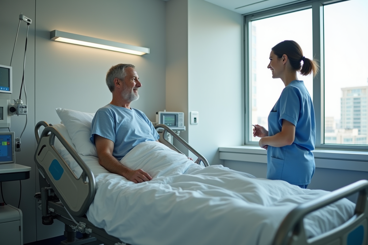 Homme en gown hospitalier parlant avec un soignant
