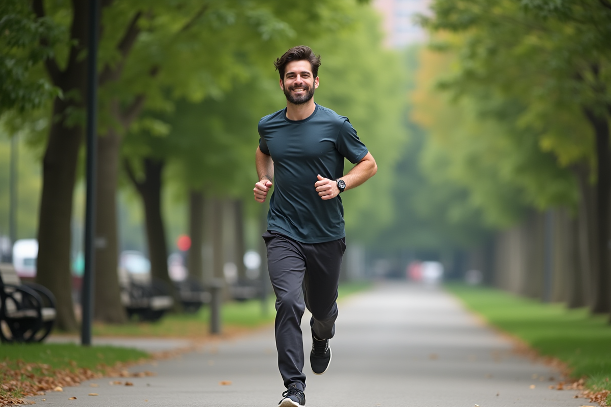Homme courant dans un parc urbain verdoyant