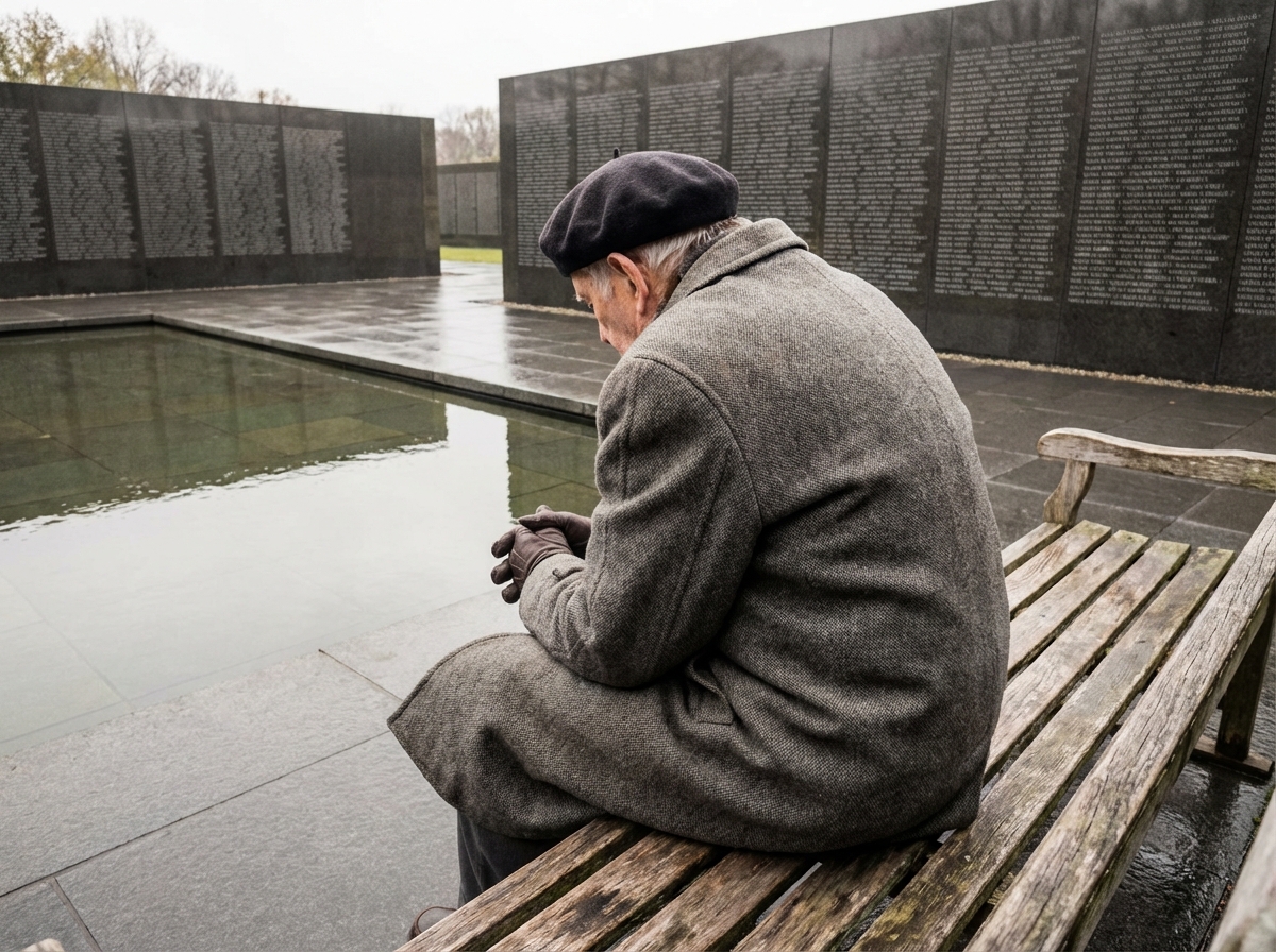 Homme âgé assis sur un banc au Mémorial de la Shoah