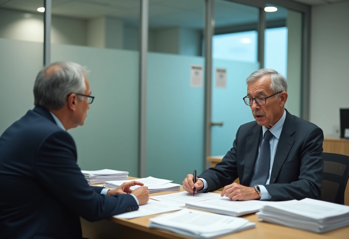 Homme âgé examinant ses papiers de retraite au guichet administratif