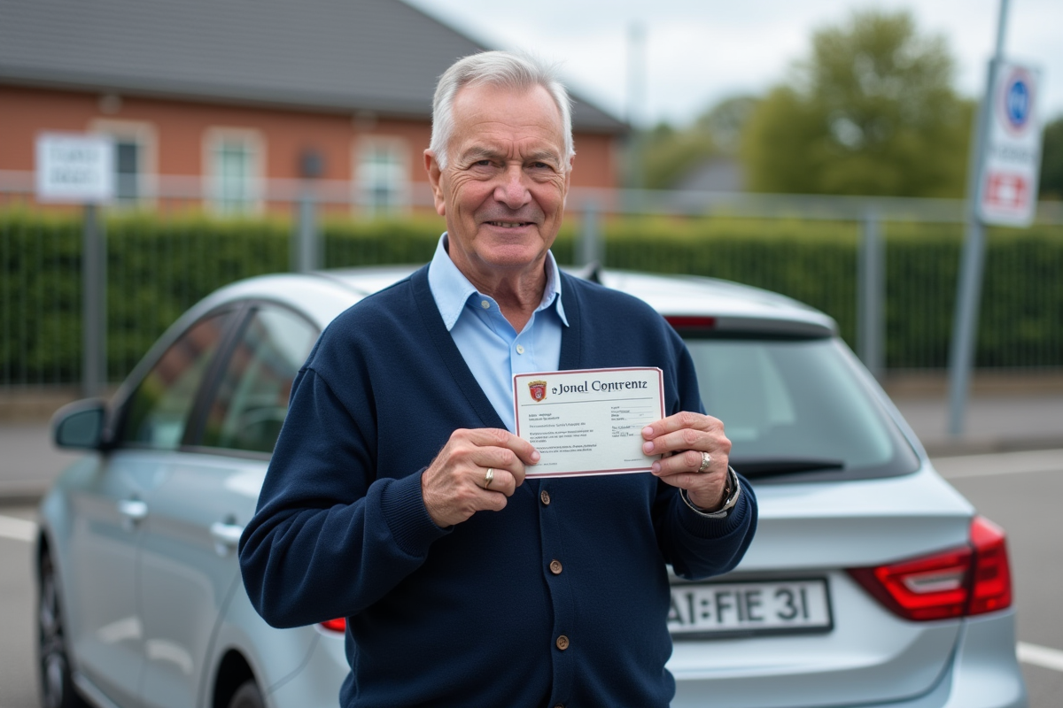 Homme souriant avec son permis de conduire devant une voiture au centre d