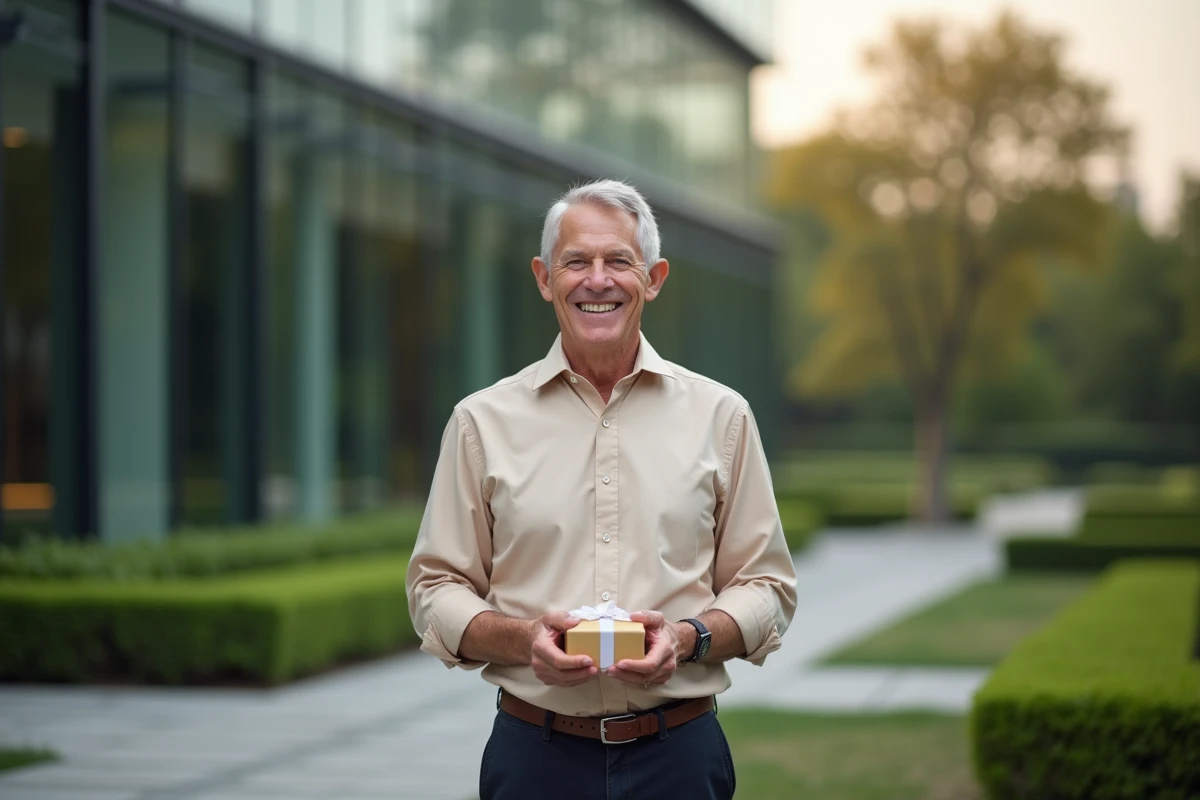 Homme à la retraite souriant tenant un cadeau devant un bâtiment d'entreprise moderne en plein air