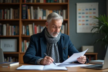 Homme d'âge moyen examinant des documents de retraite