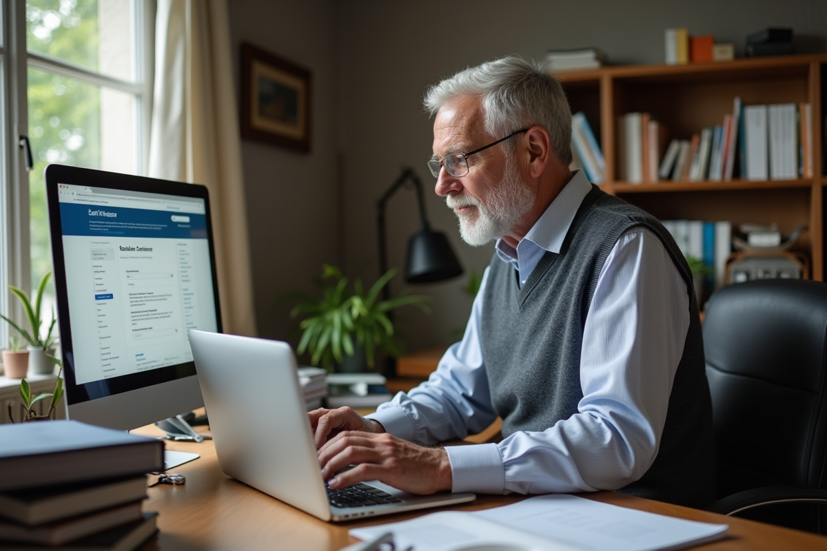 Homme retraité utilisant un ordinateur avec une attestation fiscale