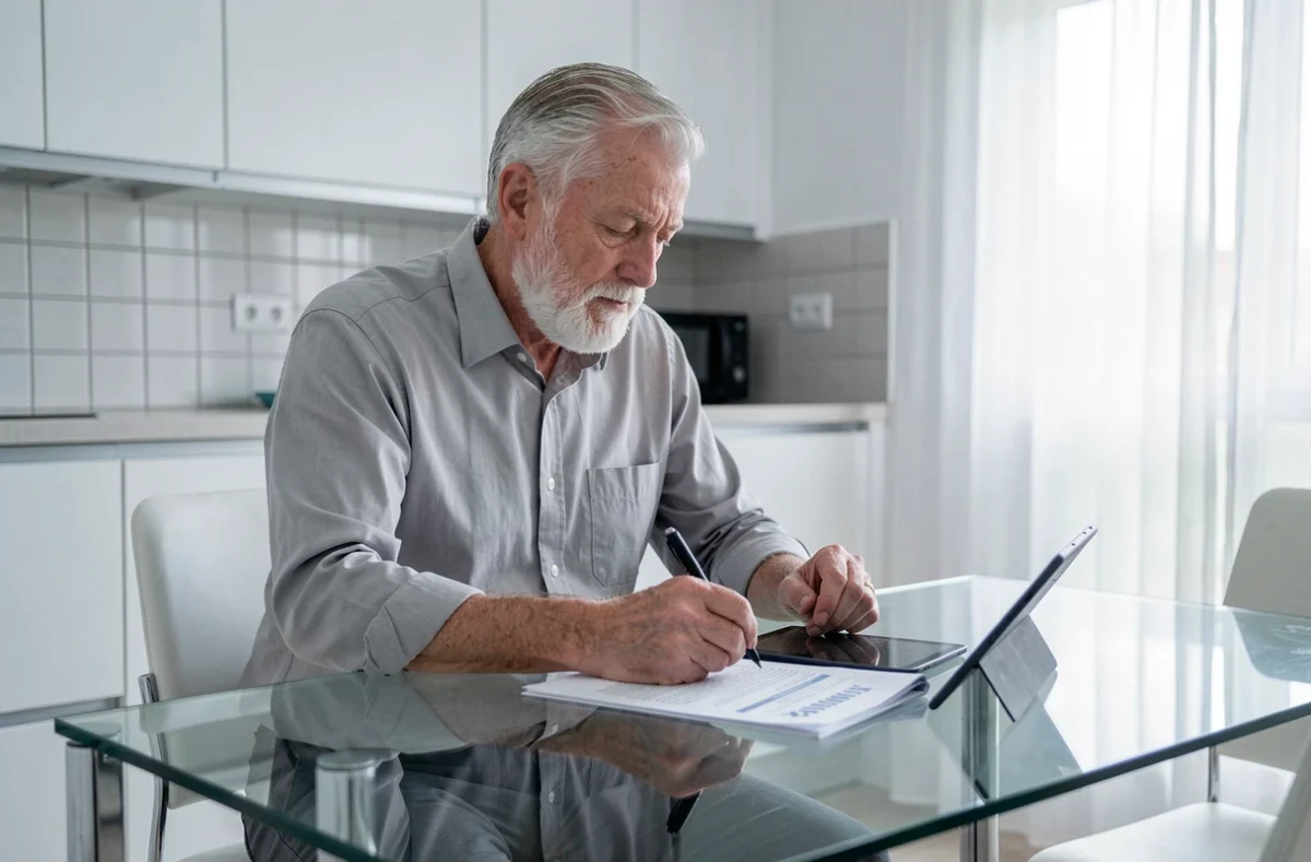 Homme retraité en télétravail consultant des documents à la table de cuisine
