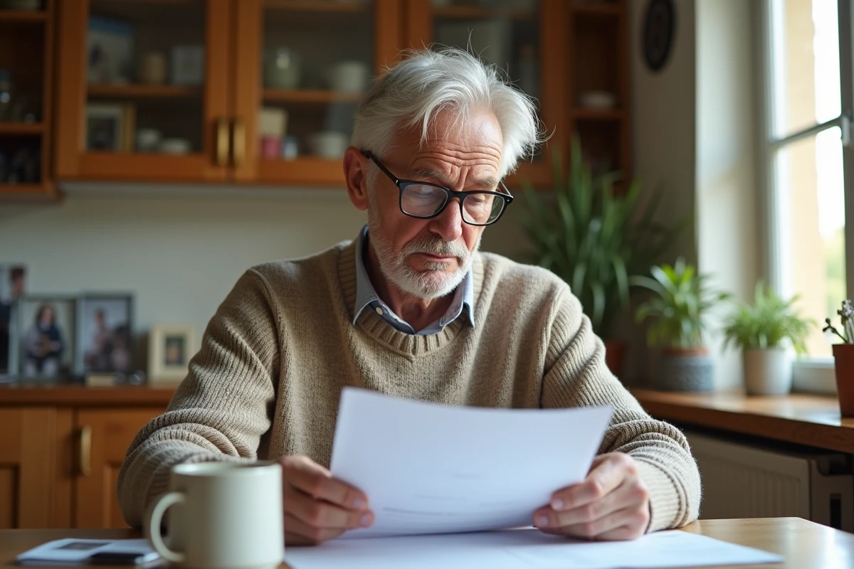 Homme retraité français examinant des documents à la maison
