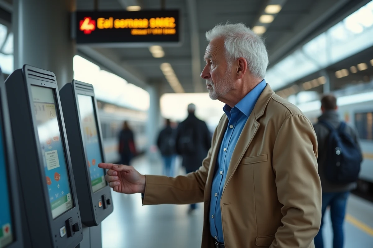 Homme senior utilisant un kiosque dans une gare SNCF