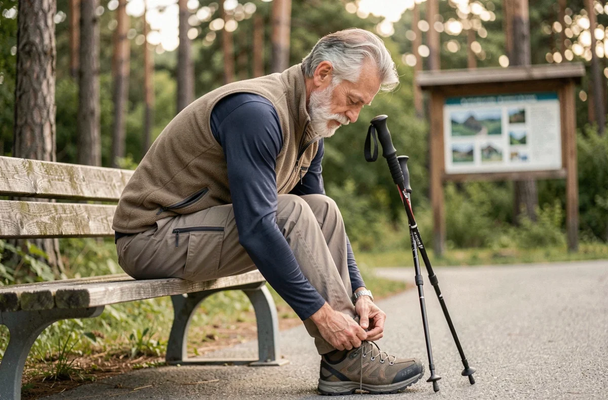 Homme senior préparant ses chaussures de randonnée sur un banc avant une marche en nature, prévention des chutes