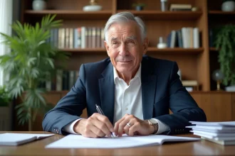 Homme senior en costume revoyant ses papiers de retraite