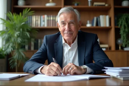 Homme senior en costume revoyant ses papiers de retraite