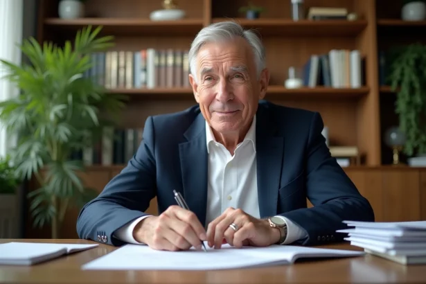 Homme senior en costume revoyant ses papiers de retraite