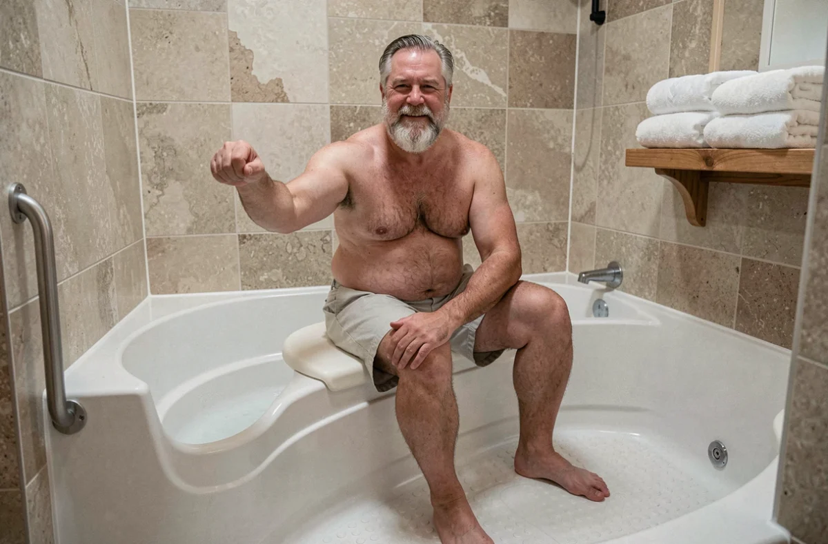 Homme senior assis sur le siège intégré d'une baignoire PMR avec main courante latérale dans une salle de bain adaptée