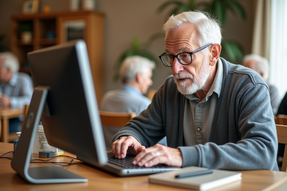 Homme senior interagissant avec un ordinateur tactile en centre