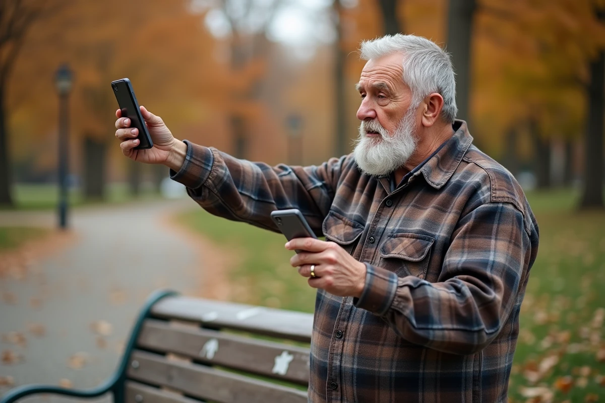 Un homme âgé debout dans un parc lit l'écran d'un téléphone mobile simple de type clapet