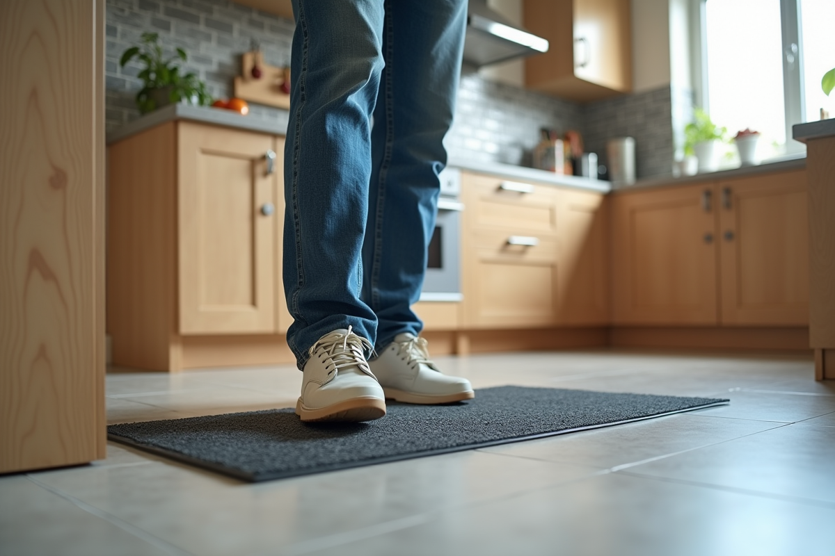 Homme testant un tapis antidérapant dans la cuisine