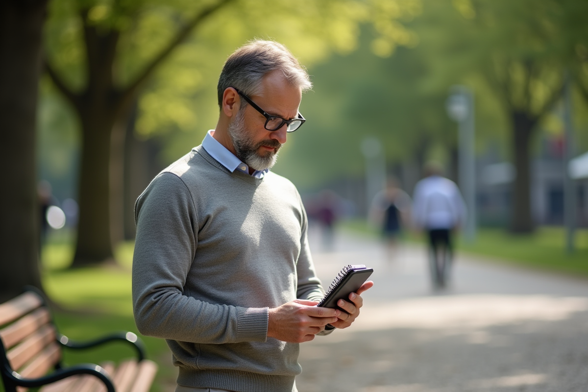Homme dans un parc urbain utilisant son smartphone avec un carnet