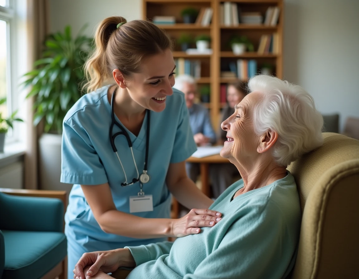 Infirmière évaluant les capacités fonctionnelles d'une résidente âgée en EHPAD avec bienveillance