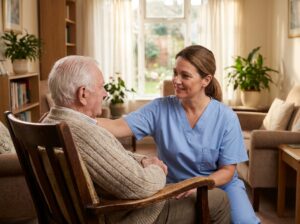 Infirmière réconfortant un résident âgé dans un salon de maison de retraite, illustration d'accompagnement en établissement