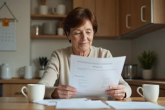 Infirmiere retraitée examine ses documents de pension