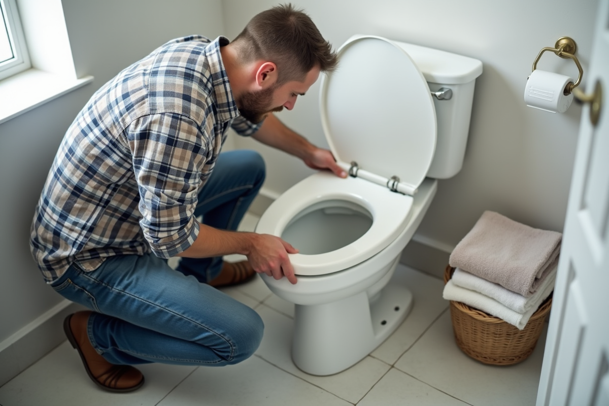 Homme moyen age installant un siège de toilette dans une salle de bain pratique