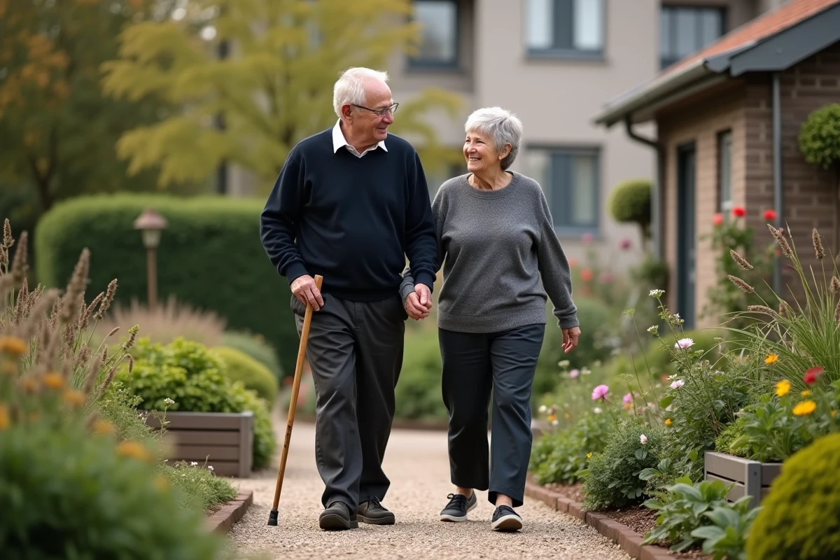 Homme âgé marchant dans un jardin avec sa fille