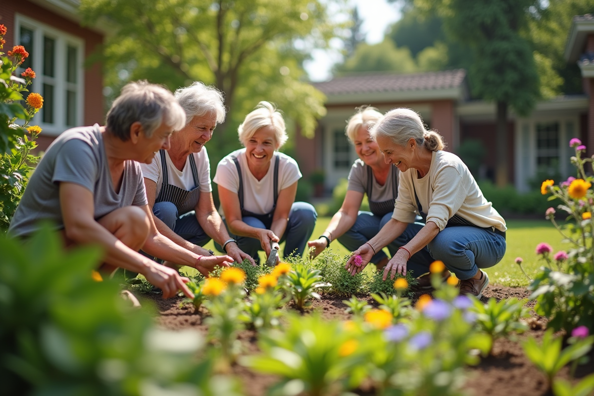 Groupe de seniors et volontaires jardinant ensemble
