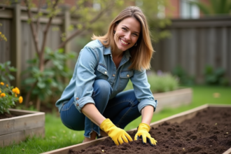 Femme d'âge moyen plantant des semis dans un jardin