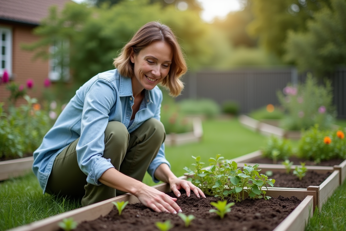 Femme plantant des semis dans un jardin verdoyant