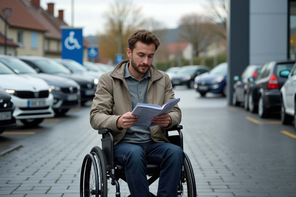 Jeune homme en fauteuil examinant une brochure automobile en extérieur