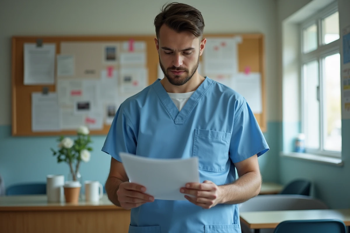 Jeune homme en scrubs dans une salle de repos du personnel