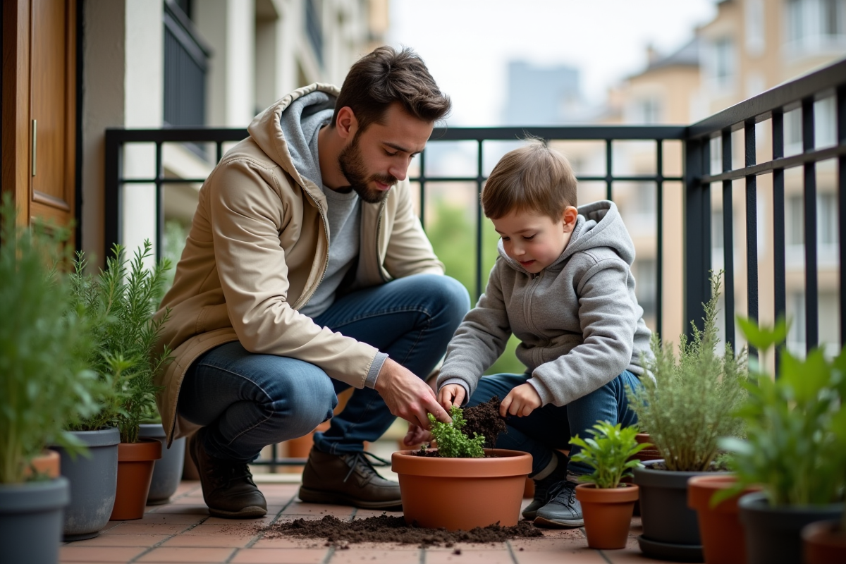 Jeune homme et enfant cultivant des plantes en balcon