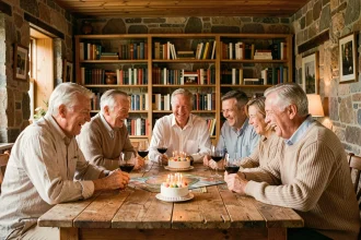 Groupe d'amis adultes autour des 60 ans jouant à un jeu de société lors d'un anniversaire intime en petit comité dans un salon rustique