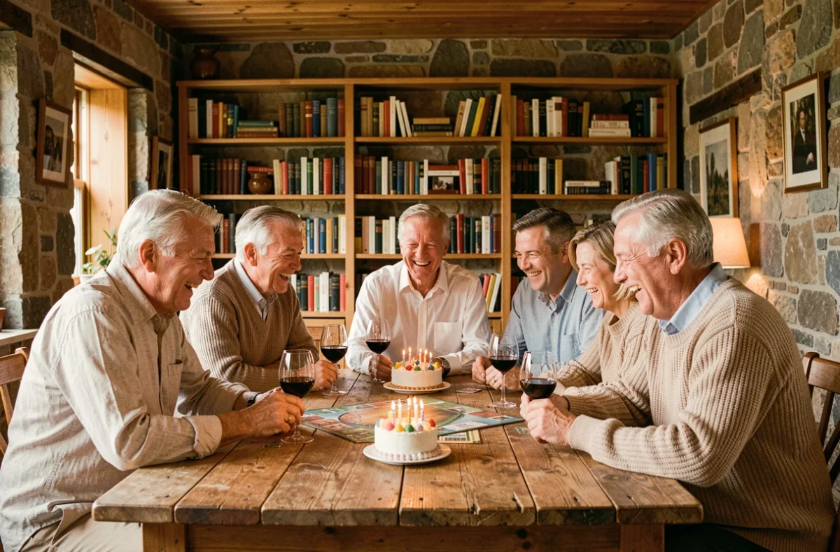 Groupe d'amis adultes autour des 60 ans jouant à un jeu de société lors d'un anniversaire intime en petit comité dans un salon rustique