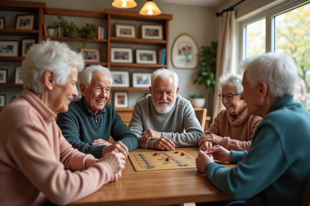 Groupe de seniors jouant à un jeu de société dans une salle lumineuse