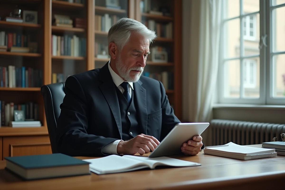 Juge lisant des documents numériques dans son bureau