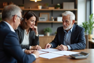 Femme et homme d'âge moyen examinent des documents immobiliers