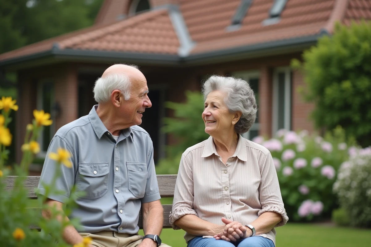 Homme âgé discutant avec sa fille dans un jardin fleuri