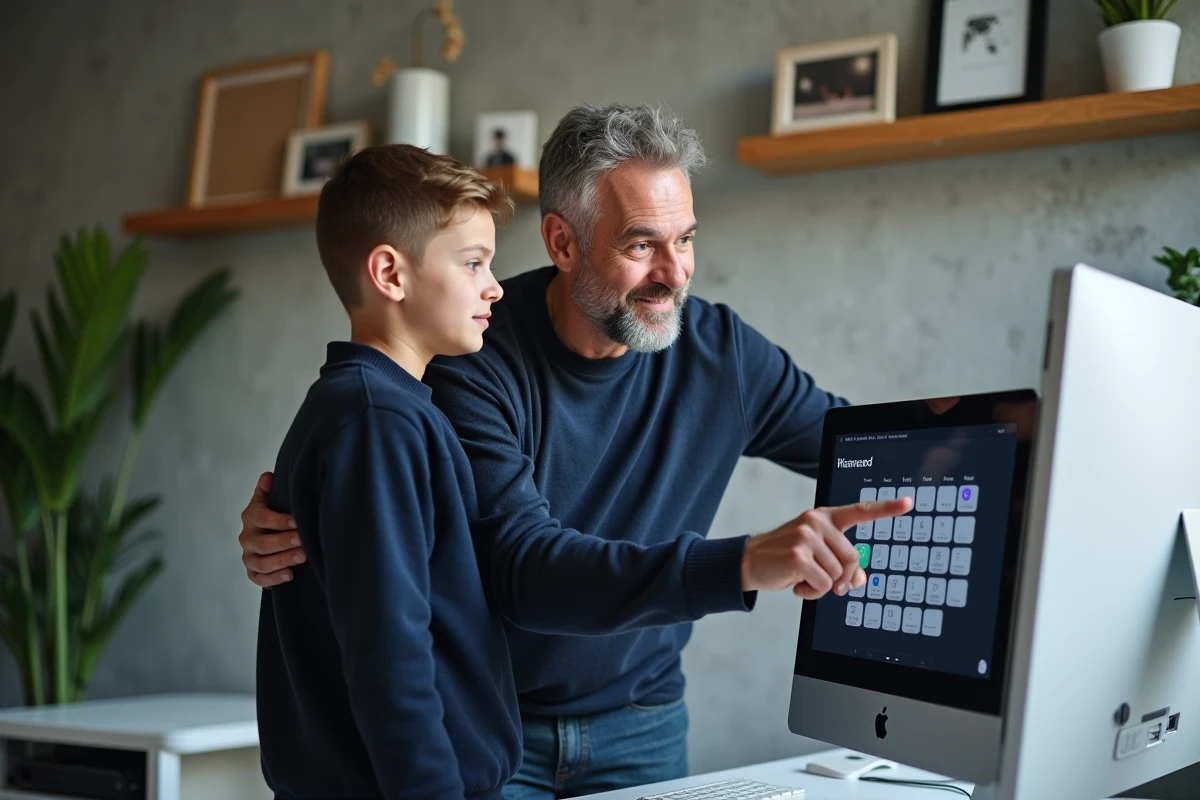 Père et fils adulte consultant ensemble un calendrier familial partagé sur un écran dans un bureau à domicile
