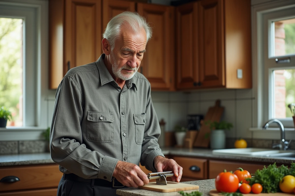 Personne âgée préparant un repas seule à domicile illustrant l'autonomie et le score IADL